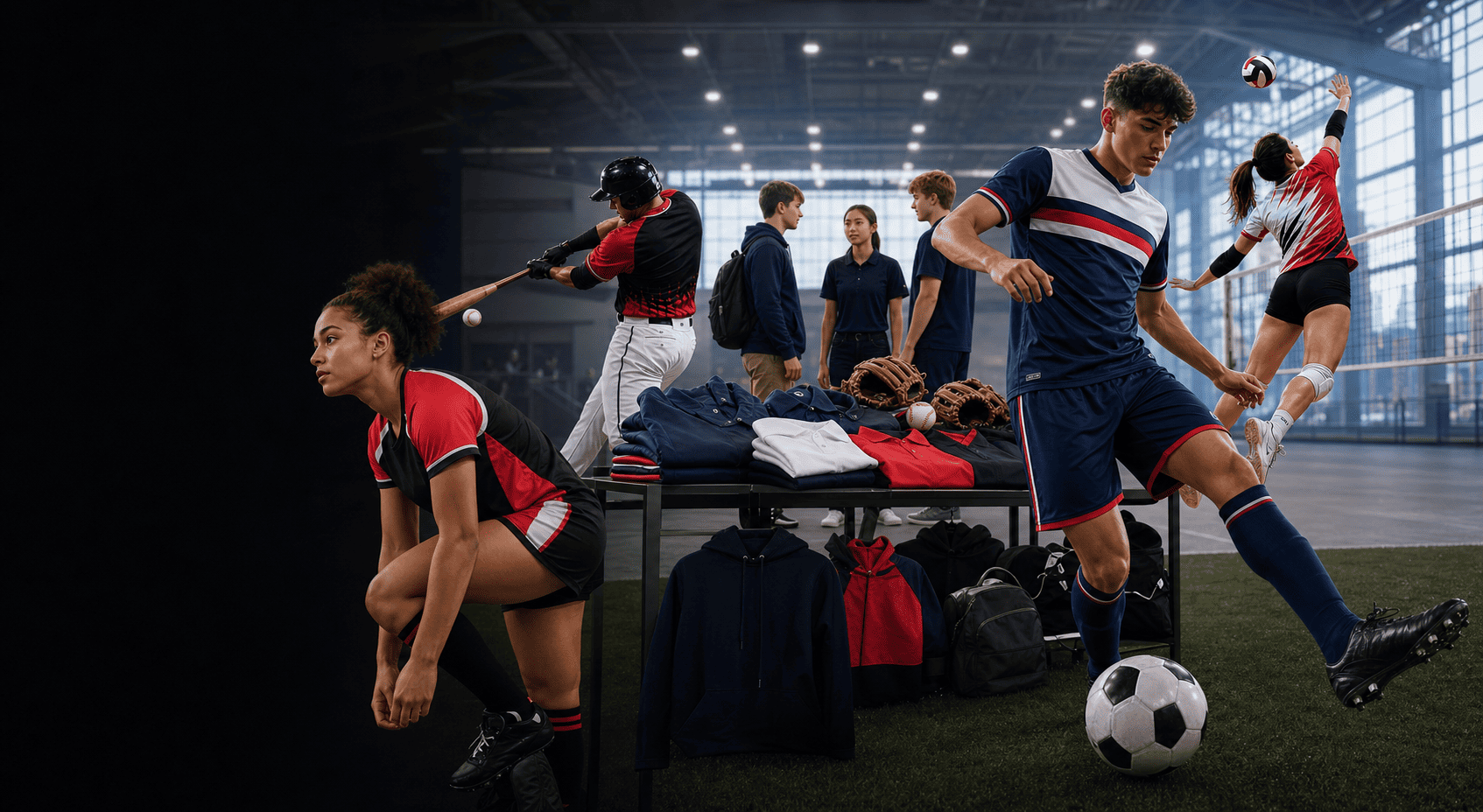 Athletes, school apparel and custom sports uniforms represented together