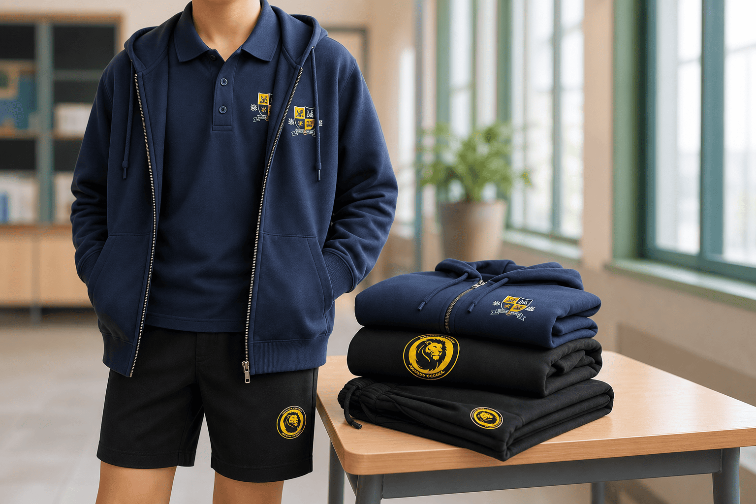 School uniform apparel with approved school emblems